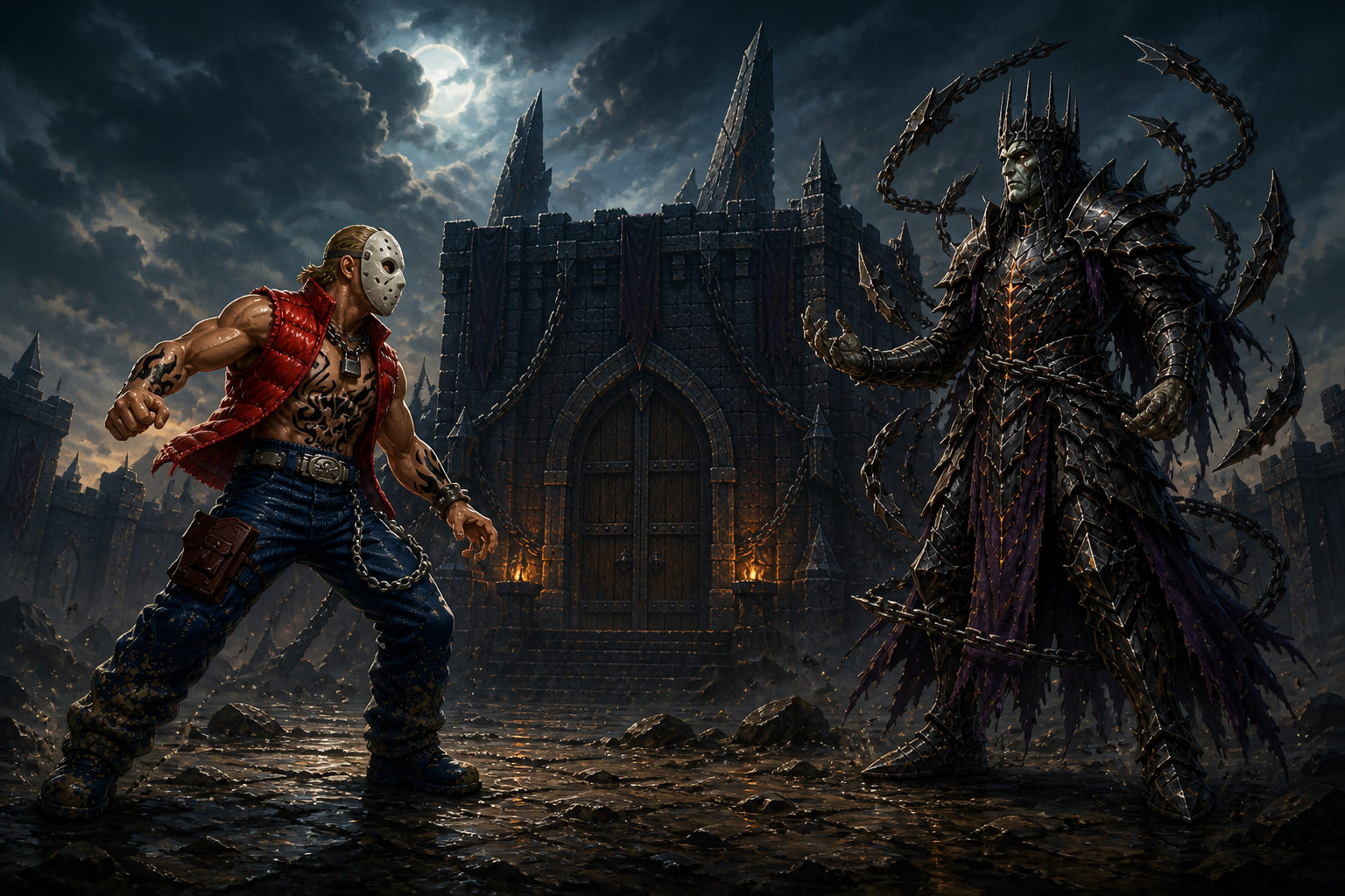 Snake confronts a chain-armoured king beneath moonlight