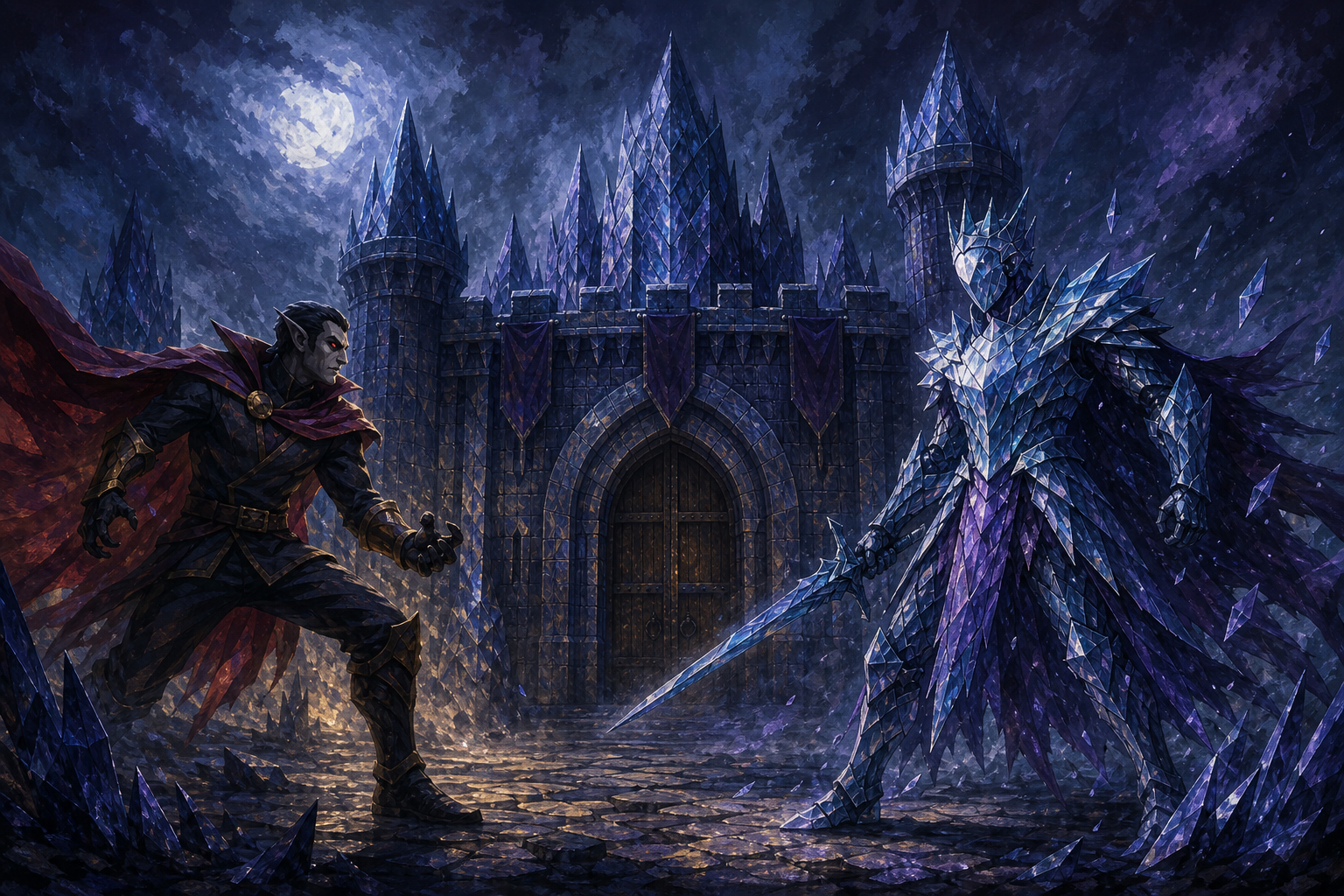 JmJm faces a crystalline warrior before a moonlit keep