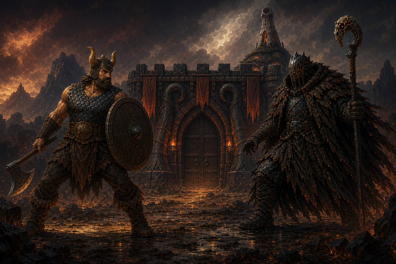 Haydra confronts a firelit warrior before a mountain hold